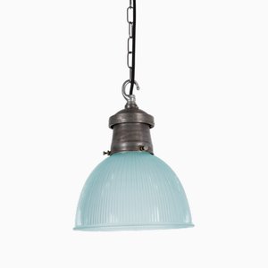 Industrial Blue Tinted Pendant Light from Holophane, 1930s