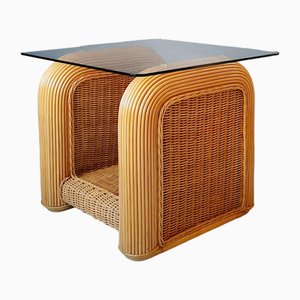 Rattan Table with Glass Top, 1980s