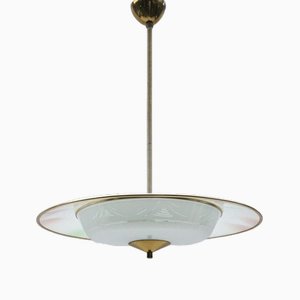 Mid-Century Modern Hanging Lamp in Glass and Brass, 1950s