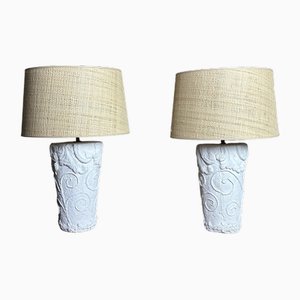 Vintage Table Lamps in Plaster and Rattan, 1980s, Set of 2