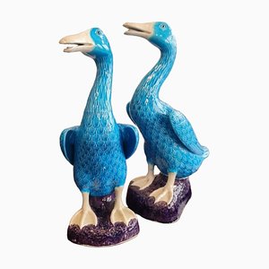 Porcelain Ducks Glazed with Turquoise Blue, 1890s, Set of 2