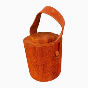 Large Danish Ice Bucket in Teak and Leather by Nissen, 1950s