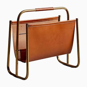 Magazine Rack in Brass Brown Cognac Leather attributed to Carl Auböck, 1950s