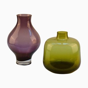 Purple and Olive Green Hand Blown Vases by Leerdam, 1960s, Set of 2