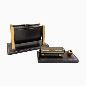 Mid-Century Letter Holder and Calendar in Leather, Delvaux, Belgium, 1970s, Set of 2