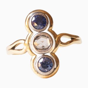 Bague Trilogie en Or Jaune et Argent 18k avec Saphirs Synthétiques et Diamant Taille Rosette, 1930s