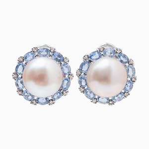 Sapphires, Diamonds, Pealrs and 14 Karat White Gold Earrings, 1970s, Set of 2