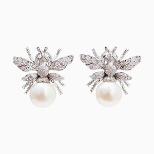 Sapphires, Diamonds, Pearls and 14 Karat White Gold Fly Earrings, Set of 2