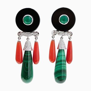 Green Agate, Malakite, Onyx, Coral, Diamonds, Platinum and Gold Dangle Earrings, 1950s, Set of 2