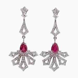 Orecchini pendenti con rubini, diamanti e oro bianco a 14 carati, anni '80, set di 2