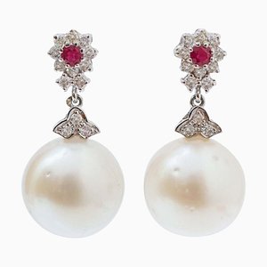 Orecchini con perle, rubini, diamanti e oro bianco a 14 carati, anni '70, set di 2