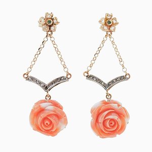 Coral, Tsavorite, Diamonds, 14 Karat Rose Gold and Silver Dangle Earrings, 1950s, Set of 2