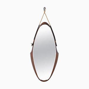 Mid-Century Italian Oval Mirror in Curved Teak and Leather, 1960s