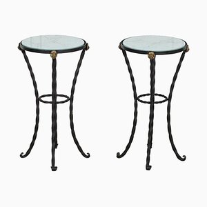 English Wrought Iron & Marbled Glass Side Tables, Set of 2
