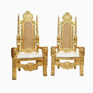 Set of Hand Carved Gilt Throne Armchairs with Lions Heads