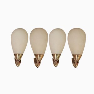 Italian Opaline Glass and Gilded Brass Sconces, 1950s, Set of 4