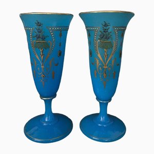 Vases Cornet Antiques en Opalin avec Fond Bleu et Rehauts de Doré, 1800s, Set de 2