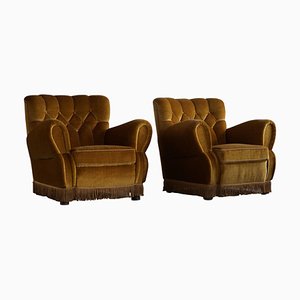 Art Deco Lounge Chairs in Yellow Velour, 1940s, Set of 2