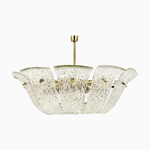 Large Mid-Century Curved Basket Chandelier in Brass & Textured Glass attributed to J. T. Kalmar for Kalmar, 1950s
