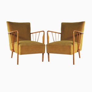 Mustard Armchairs and Poufs, Set of 4
