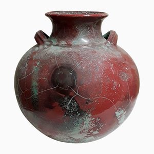 Vase Vintage en Céramique avec Vernis Rouge Vert, 1970s
