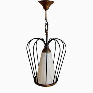 Vintage Mid-Century German Ceiling Lamp with Black Wire Frame and Striped Cream-Colored Glass Screen on Brass Mount, 1950s