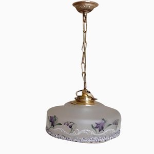 Art Nouveau German Lamp with Hand-Painted Glass Shade with Suitable Border of Brass Mount, 1890s