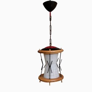 Mid-Century German Ceiling Lamp with Frame Maple Wood, Black Wire and Brass & Cream-White Glass Shade
