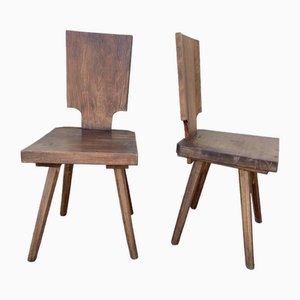 Brutalist Solid Oak Side Chairs, 1960s, Set of 2