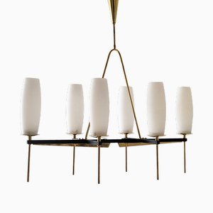 Mid-Century French Ceiling Light in Brass, Steel & Glass from Maison Arlus, 1950s