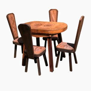 Brutalist Leather Dining Table & Chairs, 1960s, Set of 5