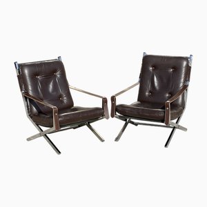 Vintage Folding Armchairs in Chromed Metal and Chocolate Leather by Robert Duran, 1970s, Set of 2