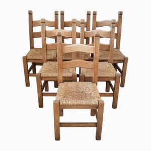 Vintage French Dining Chairs in Oak & Straw, 1970s, Set of 6