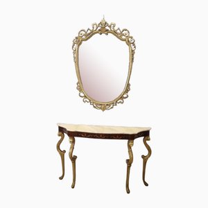 Carved and Gilded Wood Console Table with Mirror, 1960s, Set of 2