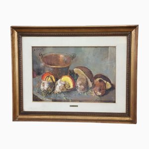 Amedeo Merello, Natura morta con funghi, anni '60, Olio su tavola, con cornice