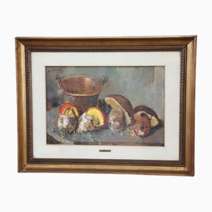 Amedeo Merello, Nature Morte aux Champignons, 1960s, Huile sur Panneau, Encadré