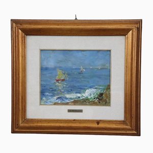 Amedeo Merello, Paesaggio marino, anni '60, Olio su tela, Con cornice