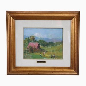 Amedeo Merello, Paesaggio di campagna con contadini, anni '60, Olio su tela, Con cornice