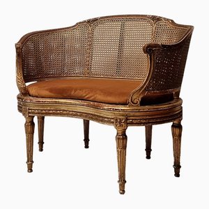 Small Louis XVI Style Sofa in Caning & Giltwood, 19th Century