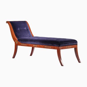 Antique French Empire Chaise Longue in Rich Blue Velvet, France, 1890s