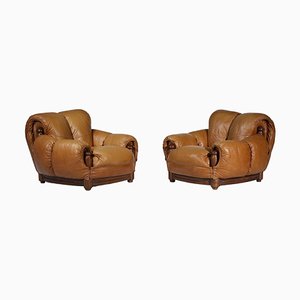 Cognac Leather Armchairs, 1970, Set of 2