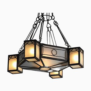 French Art Deco Wrought Iron and Geometric Frosted Glass Ceiling Light, 1930s