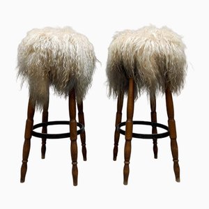 Vintage Sheepskin Bar Stools, 1960s, Set of 2