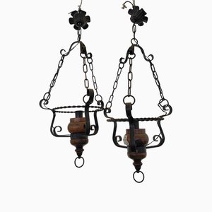 Wooden and Metal Chandeliers, 1900, Set of 2