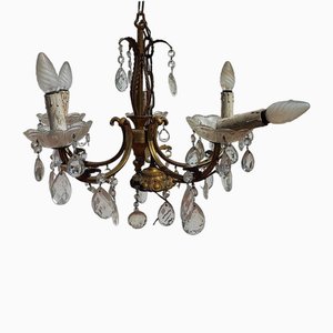 Vintage Golden Brass Chandelier with Crystal Drops