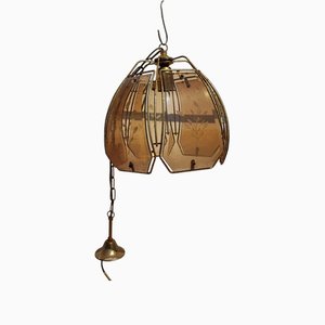 Vintage Deckenlampe aus Metall & Glas mit Seidenschirm