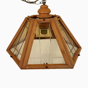 Lampada da soffitto in legno e vetro, anni '60