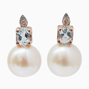 Boucles d'Oreilles en Or Rose 14 Carats avec Perles, Aigue-Marine, Diamants, Set de 2