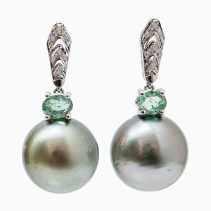 14 Karat White Gold Earrings with Grey Pearls, Emeralds, Diamonds, 1970s, Set of 2
