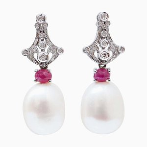 14 Karat White Gold Earrings with Pearls, Diamonds, Rubies, 1970s, Set of 2